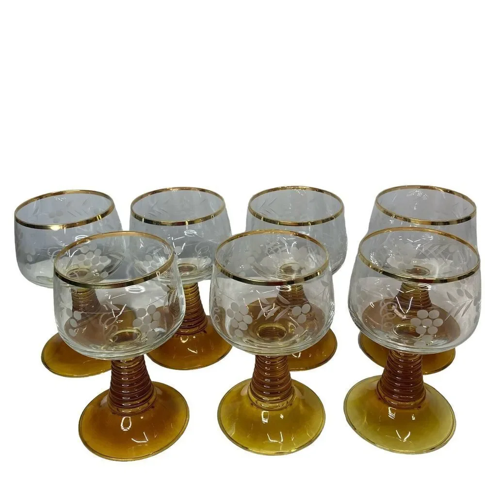 7 Roemer Amber Brown Beehive‎ Etched Grapes Gold Trim Wine Glasses Vintage